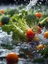 vegetables fall into the water and follow the flow of the river