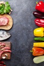 Vegetables, fish and meat cooking Royalty Free Stock Photo