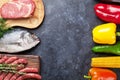 Vegetables, fish and meat cooking Royalty Free Stock Photo
