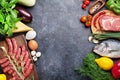 Vegetables, fish, meat and ingredients cooking Royalty Free Stock Photo