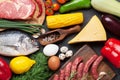 Vegetables, fish, meat and ingredients cooking Royalty Free Stock Photo