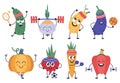 Vegetables fitness. Funny doodle veggies in exercises and meditation poses, healthy sports vegetable mascots isolated