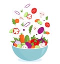 Vegetables fly bowl. Salad preparation. Mixing cooking ingredients. Blending different food. Cutting tomatoes and