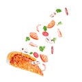 Vegetables fly to pizza on a white background Royalty Free Stock Photo