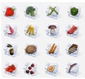 Vegetables and food frozen in ice cubes