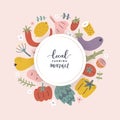 Vegetables frame. Farmers market poster or menu design template with copy space. Organic vegetables food banner. Hand Royalty Free Stock Photo