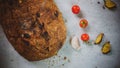 homemade bread vegetables with fresh organic fruits and vegetable food healthy diet rustic farmhouse style Royalty Free Stock Photo