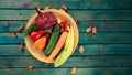 vegetables with fresh organic fruits and vegetable food healthy diet rustic farmhouse style Royalty Free Stock Photo