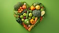 vegetables and fruit made into a heart shape over green background Royalty Free Stock Photo