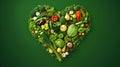 vegetables and fruit made into a heart shape over green background Royalty Free Stock Photo
