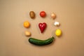vegetables and fruit from top view with heart Royalty Free Stock Photo
