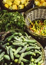 Vegetables and fruit in a wicker basket at market Royalty Free Stock Photo