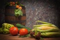 Vegetables and fruit with a wooden barrel