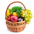 Vegetables and fruits in a basket isolated on white background Royalty Free Stock Photo