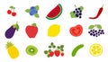 Vegetables, fruits, berries set. Cherry, blueberry, watermelon, currant, pepper, eggplant, apple, lemon, tomato, black chokeberry Royalty Free Stock Photo