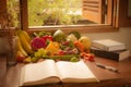 Vegetables, fruits and book