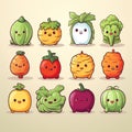 Vegetables and fruits cartoon character set. Vector illustration of cute vegetable characters Royalty Free Stock Photo