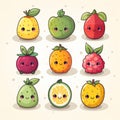 Vegetables and fruits cartoon character set. Vector illustration of cute vegetable characters Royalty Free Stock Photo