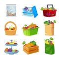Vegetables and fruits different storage in the house and in the store. Fruit basket. Fruit plate. Fruitful set.