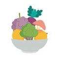 Vegetables and fruits in dish bowl organic fresh nutrition healthy food isolated icon design
