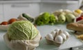 Vegetables, fruits, eggs in reusable eco cotton bags on table. Zero waste shopping concept. Plastic free items. Multi Royalty Free Stock Photo