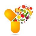 Vegetables and fruits fall into the pill. vitamins and minerals in dietary supplements. nutritional concept