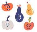 Vegetables and fruits with funny faces. Tomato, eggplant, apple, pear, pumpkin. Funny, Angry, Surprised. Food concept. For the