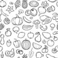 Vegetables and fruits. Hand drawn contour fruit and vegetable icons, vegan lifestyle, healthy organic food, doodle vector seamless Royalty Free Stock Photo