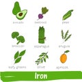 Vegetables and fruits with a high content of iron. Hand drawn vector vitamin set Royalty Free Stock Photo