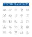 Vegetables and fruits line icons signs set. Design collection of Carrots, Tomatoes, Apples, Cabbage, Oranges, Peas
