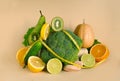 Vegetables and fruits and a measuring tape. The concept of losing weight, diet, healthy eating on white background