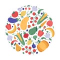 Vegetables and fruits pattern. Kitchen veggies and fruits hand drawn doodle rounded poster, fresh organic vegetarian