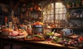 Vegetables and fruits in a rustic kitchen, 3d render.