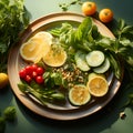 Vegetables and fruits salad on ceramic plate on green pastel background. top view