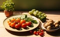 Vegetables and fruits salad on ceramic plate on wooden table