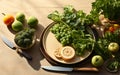 Vegetables and fruits salad on ceramic plate on wooden table