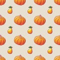 Vegetables and fruits. Seamless pattern for textile print. Harvest. Bright illustrations of ripe pumpkin and pear.