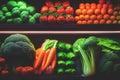 Vegetables and fruits on shelf in supermarket. Produce Grocery Store. Broccoli, carrots, tomatoes