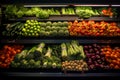 Vegetables and fruits on shelf in supermarket. Produce Grocery Store. Broccoli, carrots, tomatoes