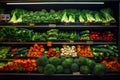 Vegetables and fruits on shelf in supermarket. Produce Grocery Store. Broccoli, carrots, tomatoes