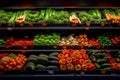 Vegetables and fruits on shelf in supermarket. Produce Grocery Store. Broccoli, carrots, tomatoes