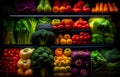 Vegetables and fruits on shelf in supermarket. Produce Grocery Store. Broccoli, carrots, tomatoes