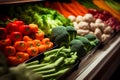 Vegetables and fruits on shelf in supermarket. Produce Grocery Store. Broccoli, carrots, tomatoes