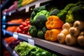 Vegetables and fruits on shelf in supermarket. Produce Grocery Store. Broccoli, carrots, tomatoes