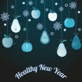 Vegetables, fruits on strings in form of toys on festive tree, snowflakes. Vector illustration with greeting text Healthy New Year