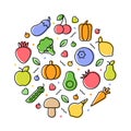 Vegetables and fruits vegetarian concept. A set of linear healthy food icons. Vector illustration isolated on a white