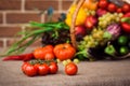 Vegetables and fruits in the wicker basket Royalty Free Stock Photo