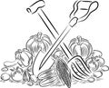 Vegetables and gardening tools