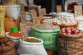 Vegetables, grains and spices in bags at the market