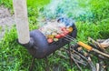 Vegetables on grill outdoors. Vegan barbecue on fire in summer. Good time. Cooking food in the nature. Healthy lifestyle Royalty Free Stock Photo